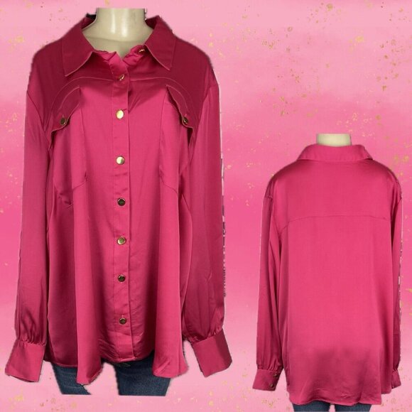 Fashion To Figure +3 Rose Pink Satin Button Down Collar Pocket Long Sleeve Shirt - Picture 1 of 6